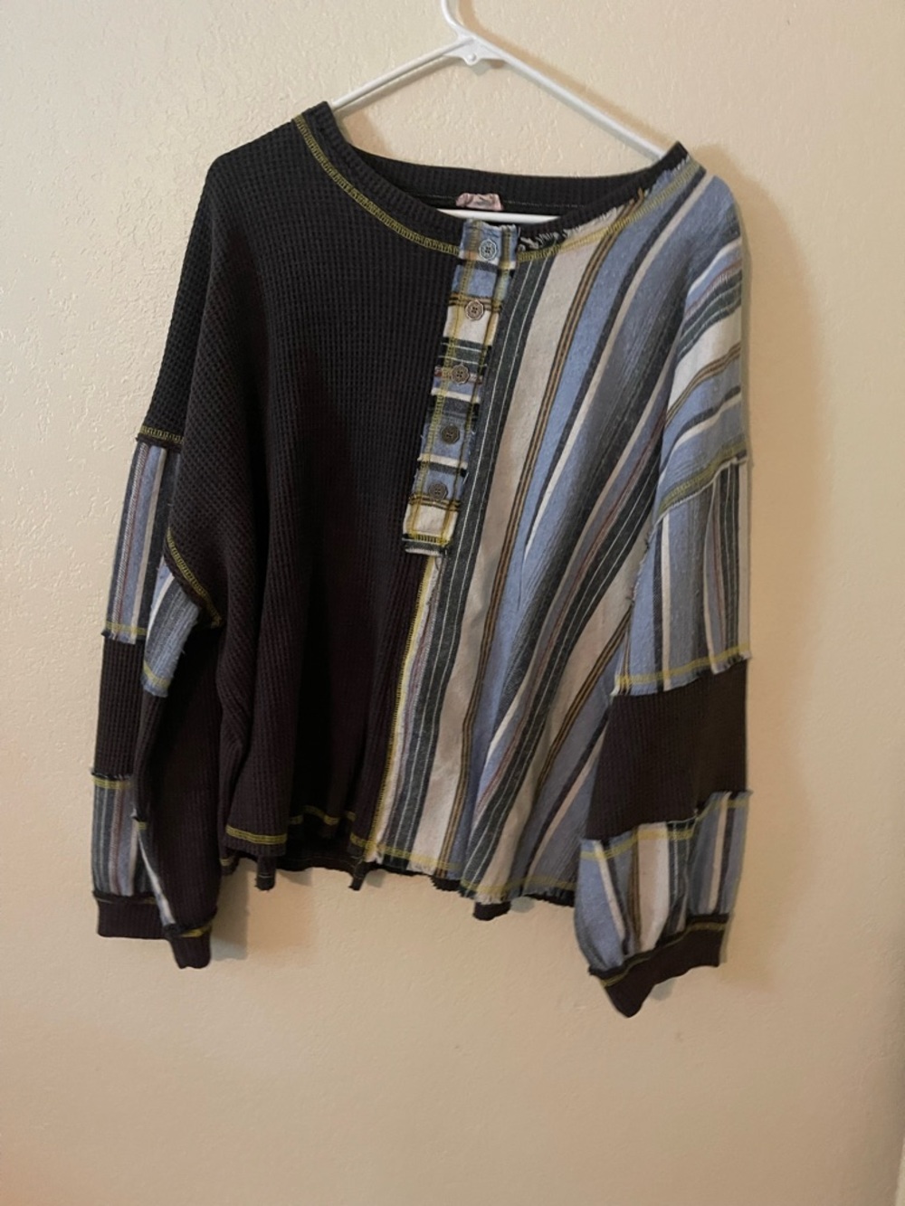 POL Mixed-Stripe Black and Blue Long-Sleeve Henley Top